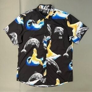 Pink Dolphin Topless Pin Up Girl Waves Button Up Shirt